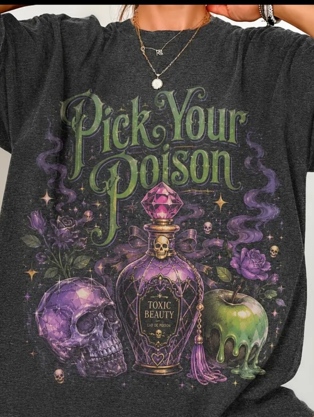 Pick Your Poison Graphic Tee - Black with Purple & Green Design Large New